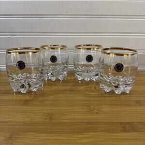 Vintage Cristalrov Italian Crystal Glasses Set 4 Gold Rim Whiskey Tumblers Rocks